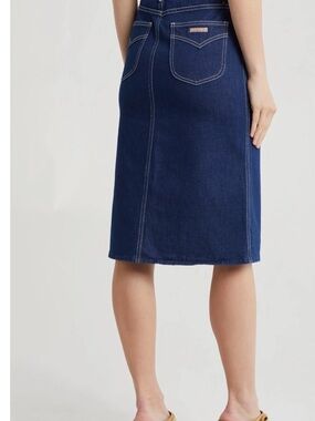 MOTHER Country Swooner A-Line Midi Denim Skirt with Contrast White Stitching